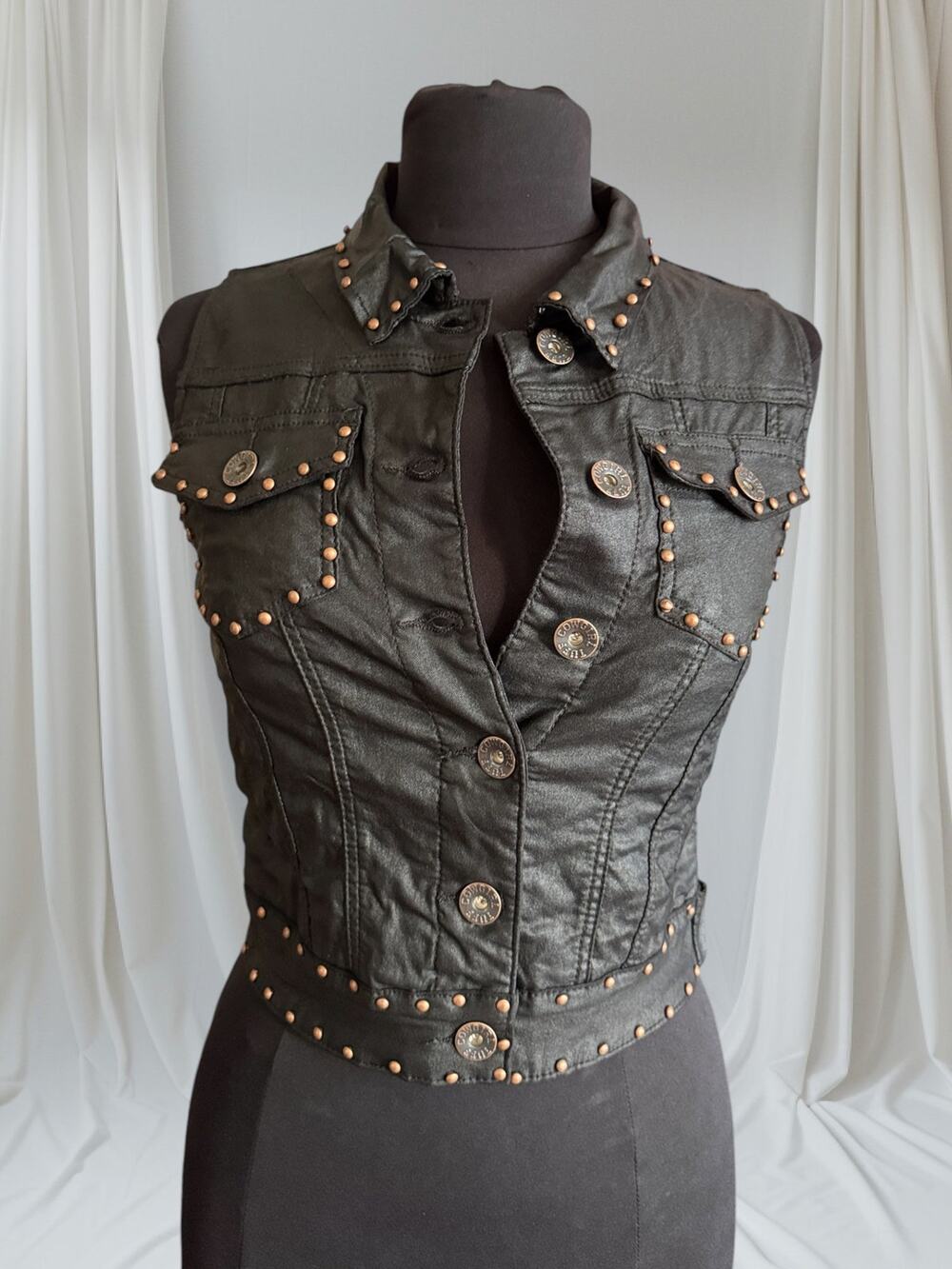 Vintage Coated Denim Studded Vest, S